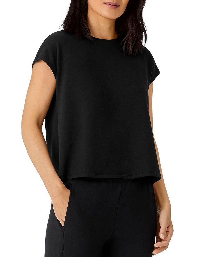 Eileen Fisher Slubby Organic Cotton Jersey Boxy Crewneck Top In Black