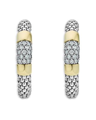 Sterling Silver & 18K Gold High Bar Diamond Huggie Hoop Earrings