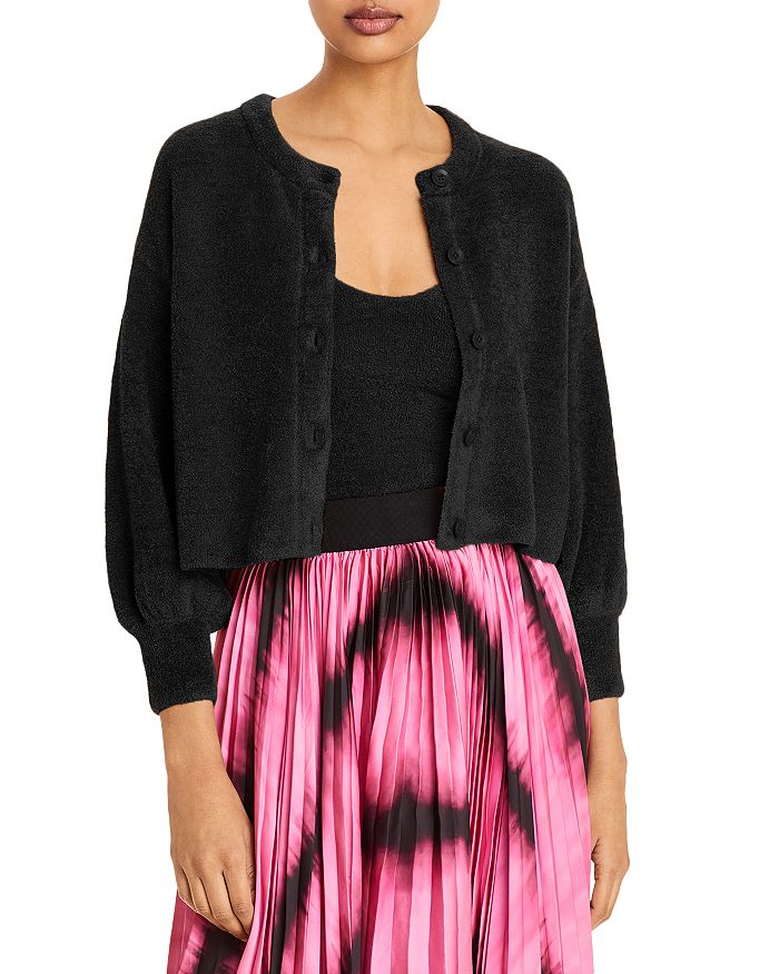 Alice And Olivia Sylvie Fuzzy Cropped Cardigan In Black