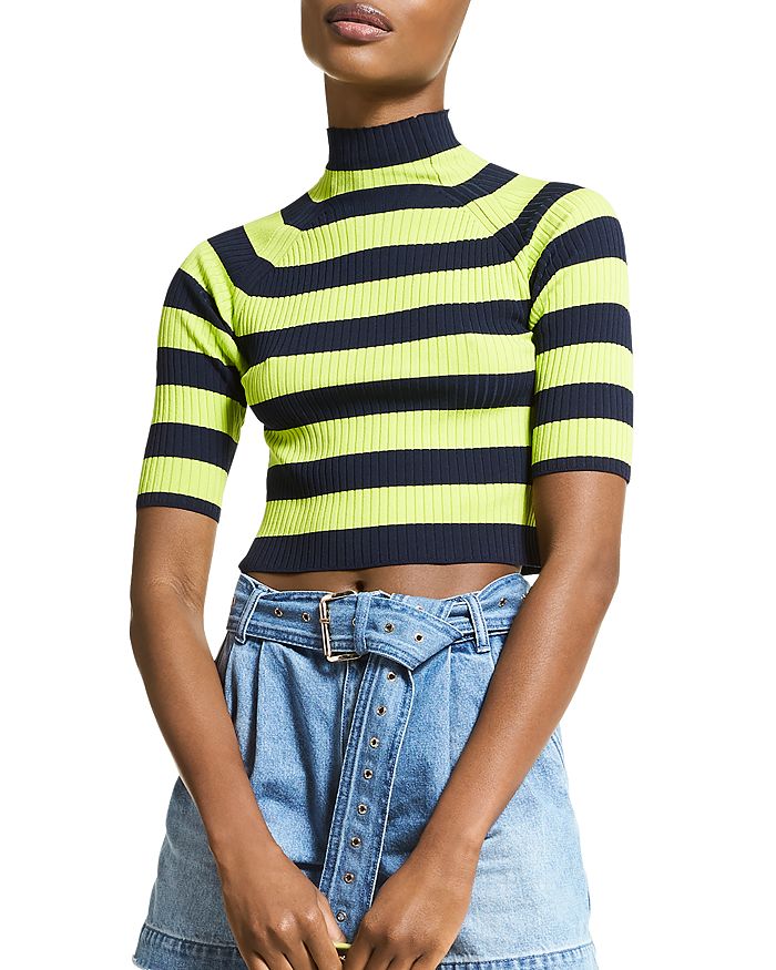 Michael Michael Kors Striped Rib-knit Turtleneck Cropped Sweater In Bright Limeade