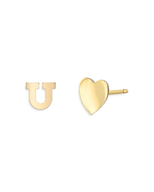 Zoe Lev 14k Yellow Gold Heart & Initial Stud Earrings In U/gold