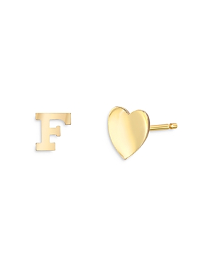 Zoe Lev 14k Yellow Gold Heart & Initial Stud Earrings In F/gold