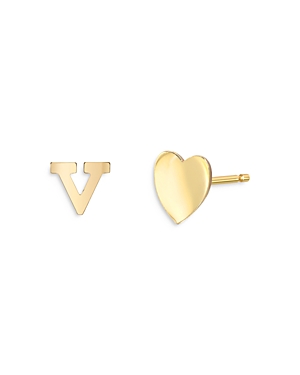Zoe Lev 14k Yellow Gold Heart & Initial Stud Earrings In V/gold
