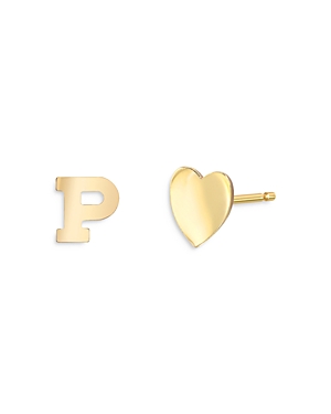 Zoe Lev 14k Yellow Gold Heart & Initial Stud Earrings In P/gold