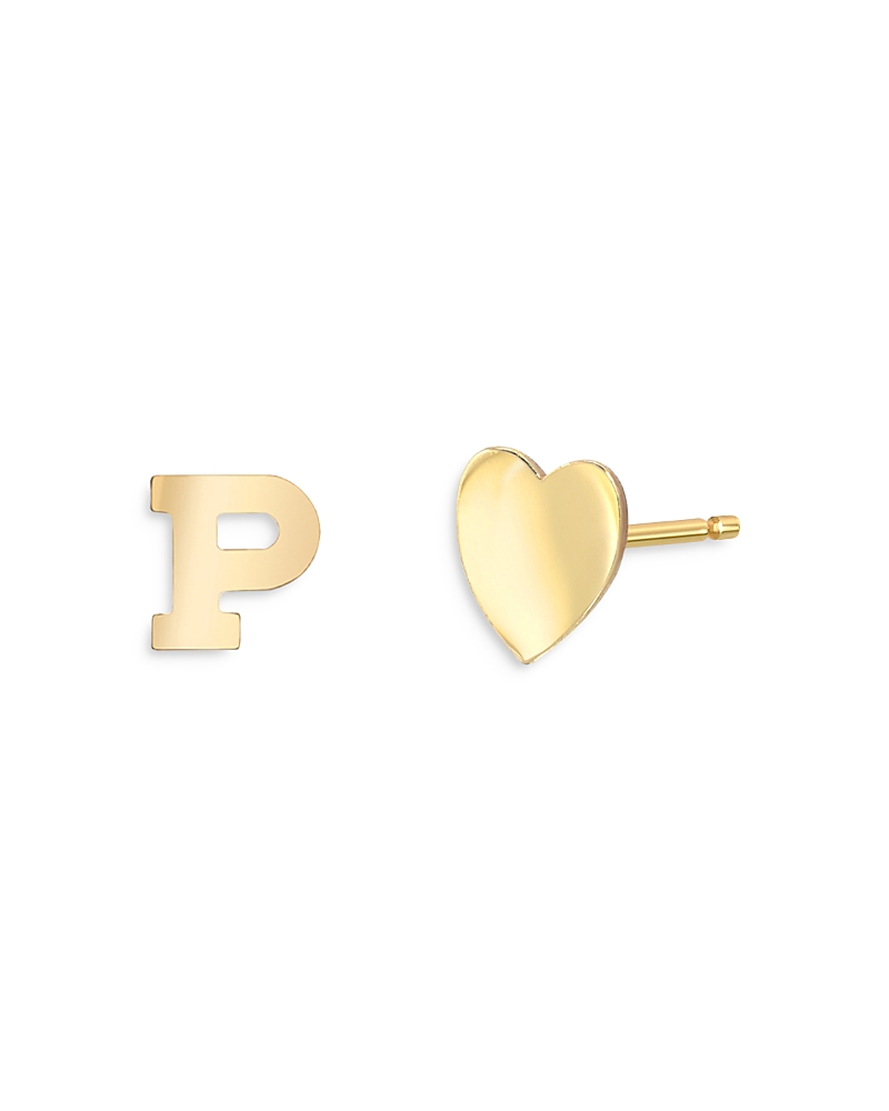 Zoe Lev 14k Yellow Gold Heart & Initial Stud Earrings In P/gold