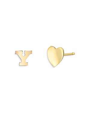 Zoe Lev 14k Yellow Gold Heart & Initial Stud Earrings In Y/gold