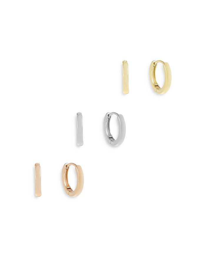 Adinas Jewels Huggie Hoop Earrings In Silver Tone, Gold Tone & Rose Gold Tone Sterling Silver, Set Of 3 In Gold Multi
