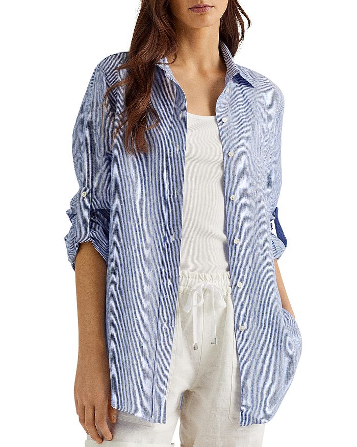 Ralph Lauren Lauren  Striped Linen Button Down Shirt In Blue Multi