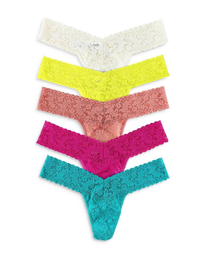 Hanky Panky Women's Signature Lace Original Rise Thong Set, Pack Of 5 In Ivory/himpalayan Pink Salt/ Pink Ruby/ Vibrant Turquoise/ Lemon Grass