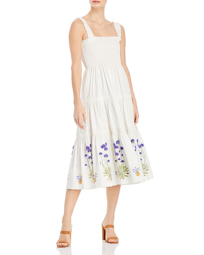 Tory Burch Embroidered Smocked Midi Dress | Bloomingdale's