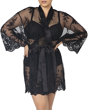 Rya Collection Plus Size Short Embroidered Lace Sheer Robe In Black
