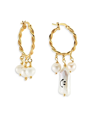 Maison Irem Smiley Cultured Freshwater Pearl Charm Twist Hoop Mismatch Earrings In Gold