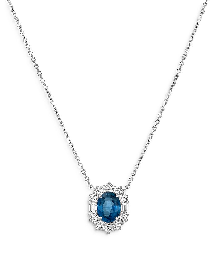 Bloomingdale's - Blue Sapphire & Diamond Classic Halo Pendant Necklace in 14K White Gold, 16" - 100% Exclusive
