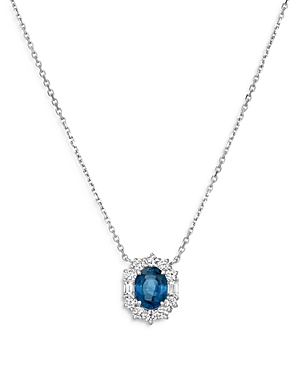 Bloomingdale's Blue Sapphire & Diamond Classic Halo Pendant Necklace in 14K White Gold, 16 - 100% Ex