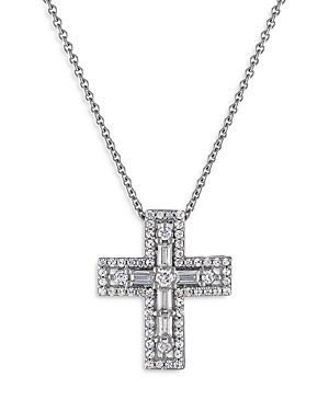 Bloomingdale's Round & Baguette Diamond Cross Pendant Necklace in 14K White Gold, 0.55 ct. t.w. - 10