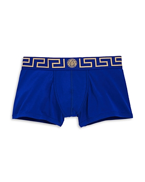 Shop Versace Low Rise Logo Trunks In Bluette/gold