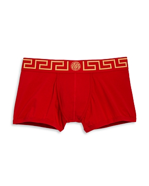 Shop Versace Low Rise Logo Trunks In Red/gold