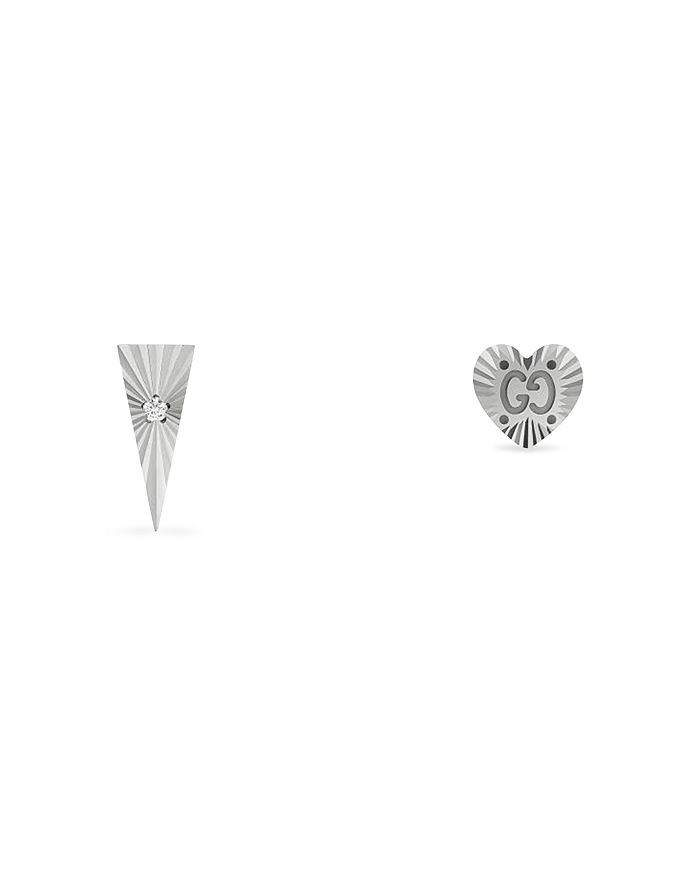 Gucci - 18K White Gold Icon Diamond Triangle & Heart Logo Mismatch Stud Earrings