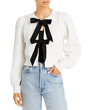 Shop Alice And Olivia Kitty Bow Tie Cardigan In Soft White Black