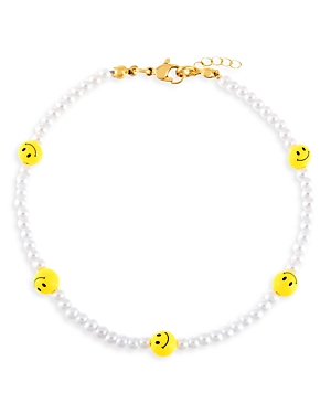 ADINAS JEWELS SMILEY FACE & FAUX PEARL BEADED ANKLE BRACELET IN GOLD TONE,A60869WHT-917