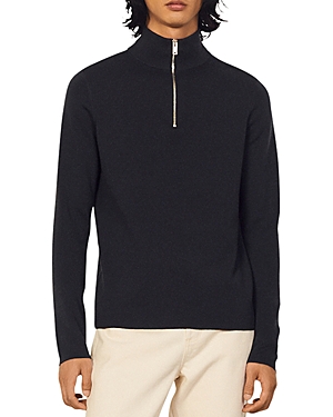 Sandro Wool Sweater With Zipped Collar In Charcoal Grey