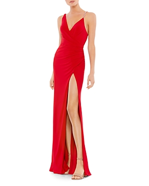 Mac Duggal Faux Pearl Gown In Red