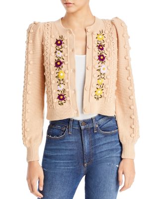 Alice and Olivia Kitty Embroidered Puff Sleeve Cardigan