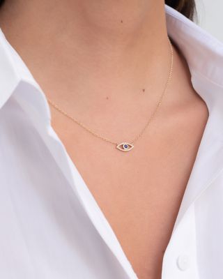 14K Yellow Gold Diamond &amp; Blue Sapphire Evil Eye Pendant Necklace, 18&amp;quot;
