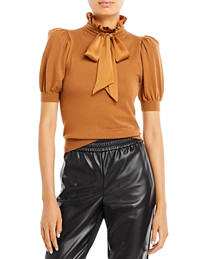Alice And Olivia Chase Puff-sleeve Ruffle-neck Sweater In Camel