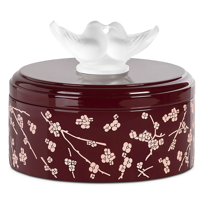 Lalique Fleurs De Cerisier Lacquered Wood Box, Small In Burgundy