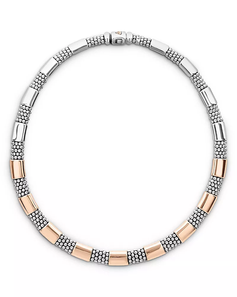 Lagos 18K Rose Gold & Sterling Silver High Bar Smooth & Beaded Statement Necklace, 16