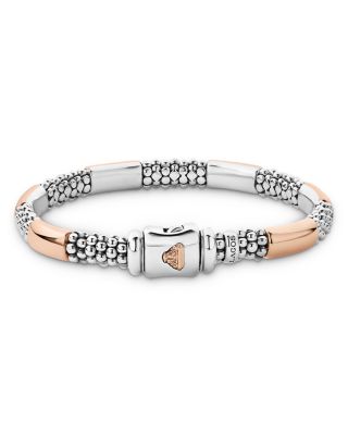 18K Rose Gold & Sterling Silver High Bar Polished & Caviar Bead Bracelet