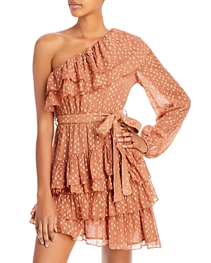 Rococo Sand Aine One Shoulder Belted Mini Dress In Tan