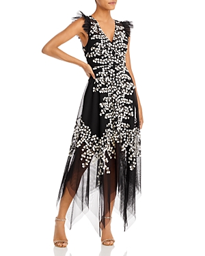 Bcbgmaxazria Embroidered Tulle Ruffled Gown In Black