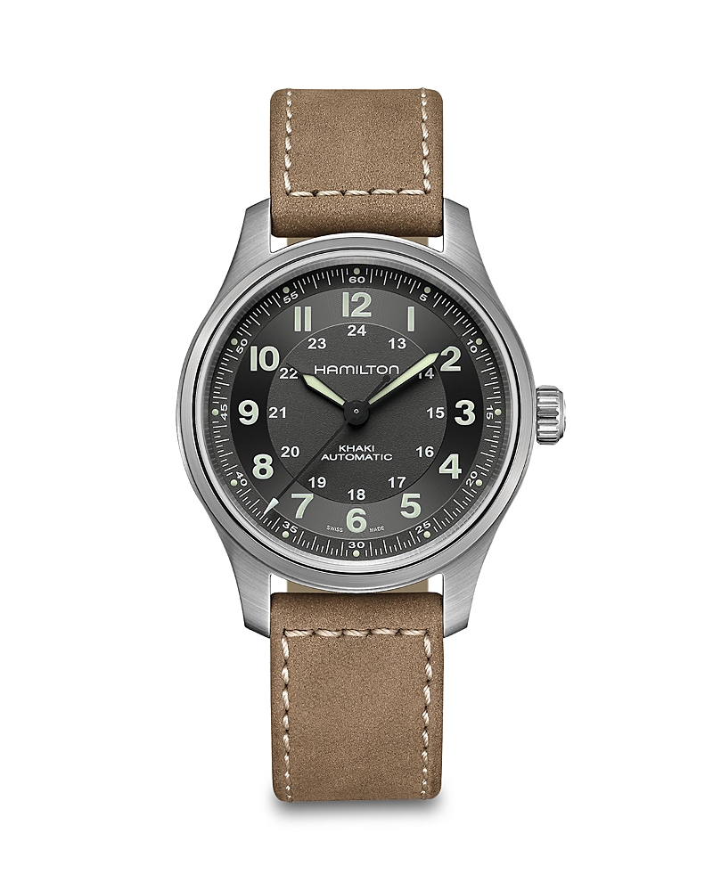 Hamilton Men's Swiss Automatic Khaki Field Brown Leather Strap Watch 42mm In Black/brown