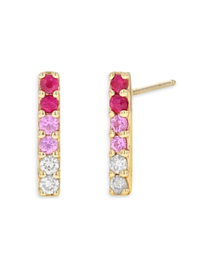 14K Yellow Gold Ruby, Pink Sapphire & Diamond Ombre Vertical Bar Stud Earrings