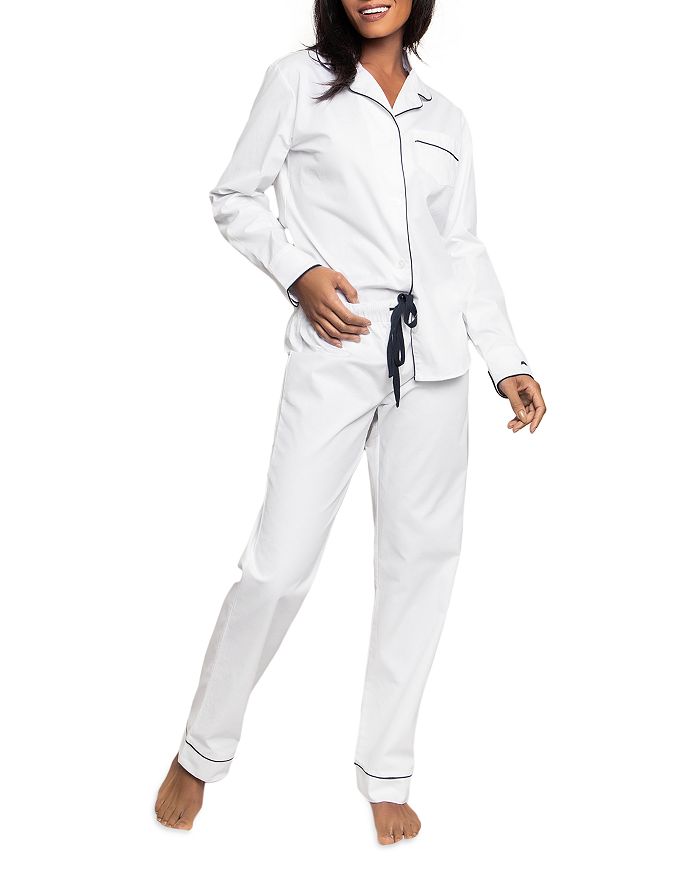Women's Twill Pajama Set in White with Navy Piping