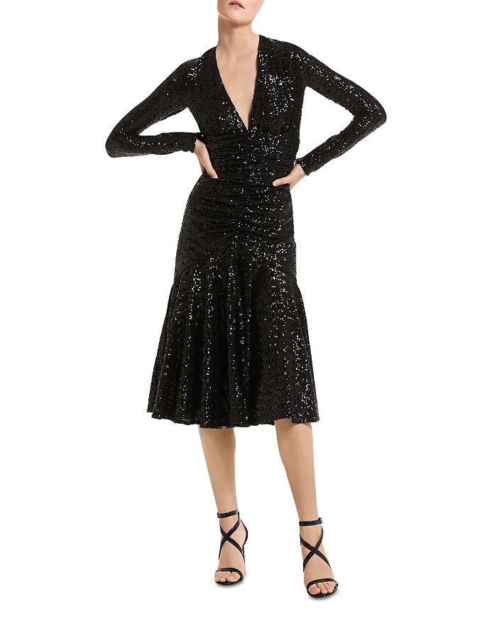 Michael Kors Collection - Ruched Sequin Long Sleeve Midi Dress