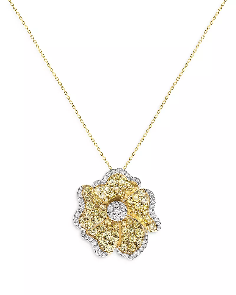 Bloomingdale's Fine Collection Yellow & White Diamond Flower Pendant Necklace in 14K White & Yellow Gold, 3.25 tcw