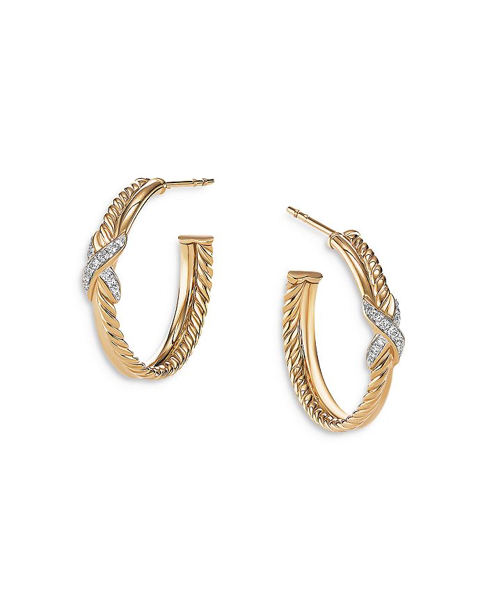 David Yurman - Petite X Hoop Earrings in 18K Yellow Gold with Pav&eacute; Diamonds