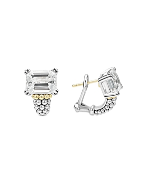 Lagos 18k Yellow Gold & Sterling Silver Glacier White Topaz Caviar Beaded Large Half Hoop Earrings In Silver