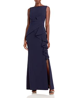 Eliza J Sleeveless Cascading-ruffle Gown In Navy