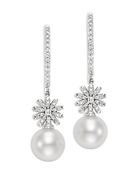 Bloomingdale's - Fiore Cultured Freshwater Pearl & Diamond Flower Dangle Hoop Earrings in 14K White Gold - 100% Exclusive