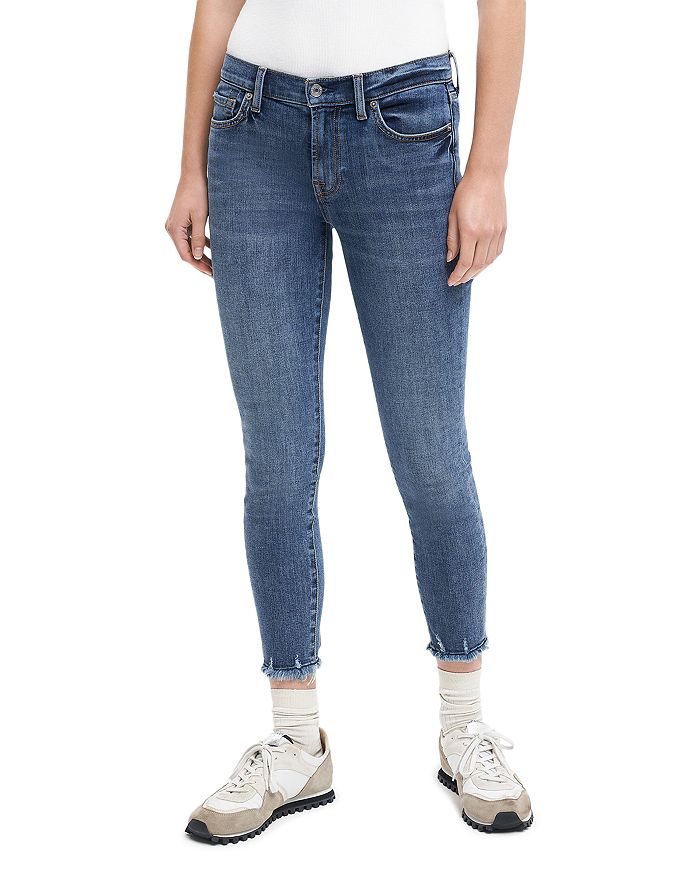 7 For All Mankind Mid Rise Raw Hem Ankle Skinny Jeans in Troubador