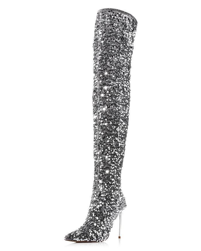 Glitter Chunky Heel Knee High Boots V-Cut Sequin Boots Heels for Party
