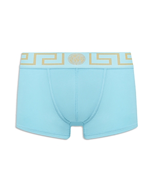 Versace Greca Border Long Boxer Trunks In Light Blue