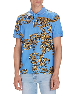 Versace Jeans Couture Garland Baroque Print Slim Fit Polo In Blue Gold