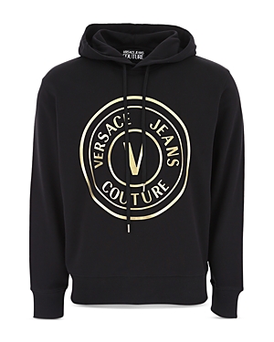 Shop Versace Jeans Couture V Emblem Logo Hooded Sweatshirt In Black Gold