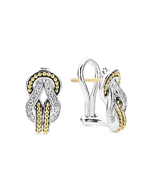 Shop Lagos 18k Yellow Gold & Sterling Silver Newport Diamond Knot Large Omega Clasp Earrings In Silver/gold
