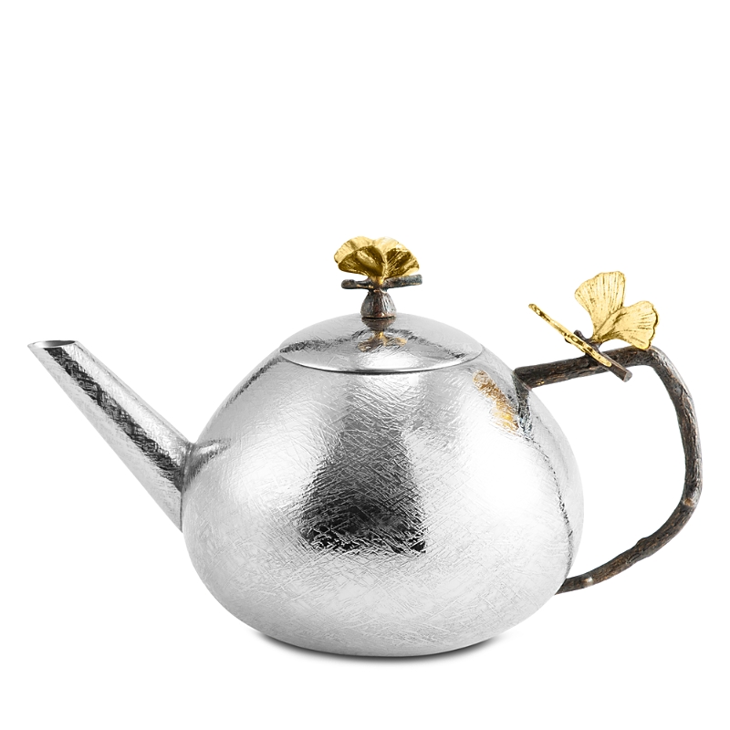Michael Aram Butterfly Ginkgo Stainless Steel & Brass Round Teapot In Silver
